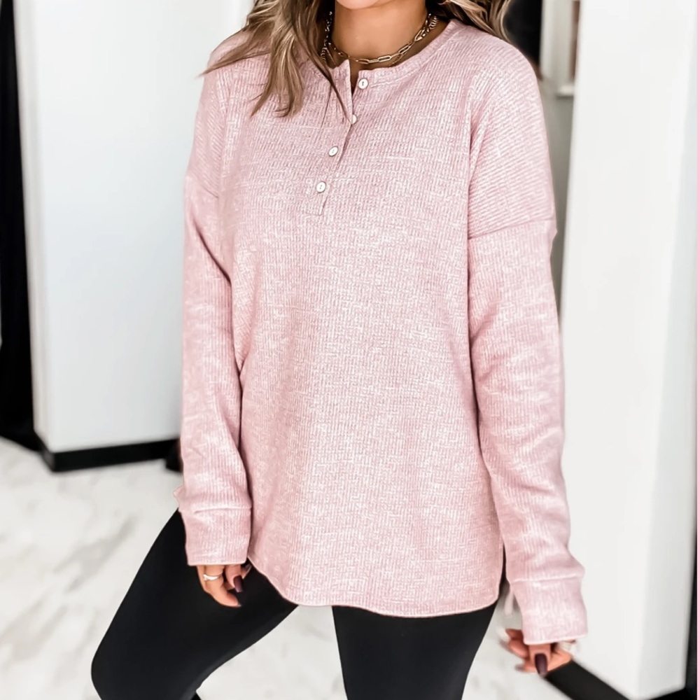 [Cherish] Henley Style Brushed Thermal Knit Top - Size L - Picture 9 of 10